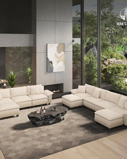 HERA'S HOUSE 124" Modular Sectional Sofa, Oversized L Shaped Couches for Living Room, Comfy Cloud Couch with Ottoman, 4-Seater Deep Seat Sofa with Throw Pillow, Corduroy and Chenille Beige