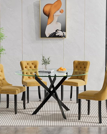HomVent 5 Piece Round Glass Dining Table Set, Tempered Glass Dinner Table Set for 4 Kitchen Table Set with 4 Velvet Upholstered Chairs for Kitchen Dining Room