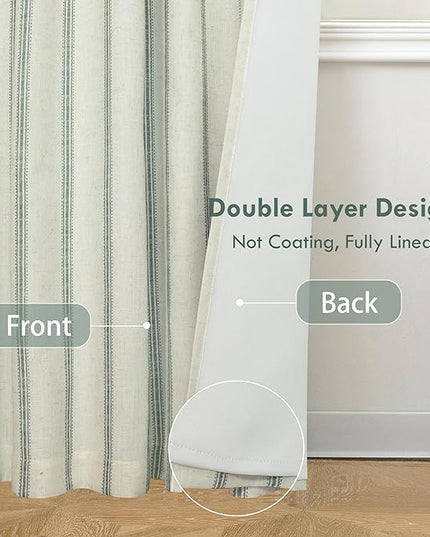 DriftAway Farmhouse Linen Blend Blackout Curtains 108 Inches Long for Bedroom Vertical Striped Printed Linen Curtains Thermal Insulated Lined Treatments for Living Room W52 x L108 Linen Loden Green