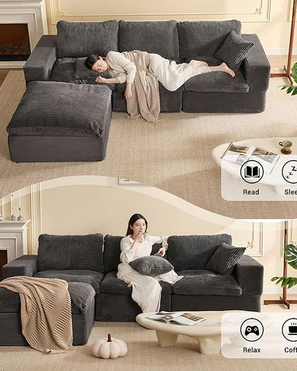106.3” Sectional Couches for Living Room, Cloud Couch, Modular Sectional Sofa, Convertible Sofas Bed, Deep Seat Sofa, L Shaped Cozy Sofa Furniture Set, Corduroy, Gray