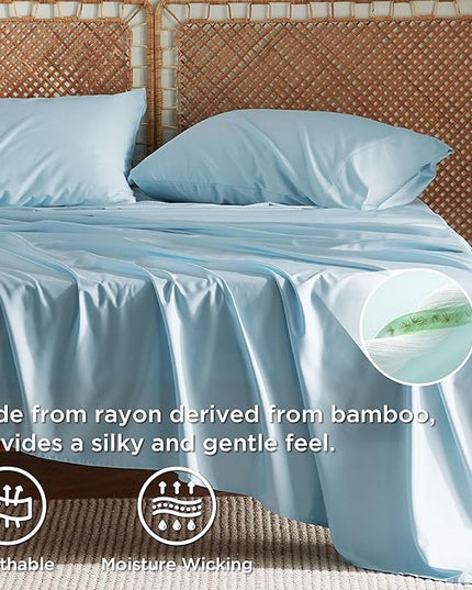 Bedsure Queen Sheet Set, Rayon Derived from Bamboo, Cooling Sheets, Breathable & Soft, Deep Pocket Up to 16 Inches, Hotel Luxury Silky Bedding for Hot Sleepers, Aqua