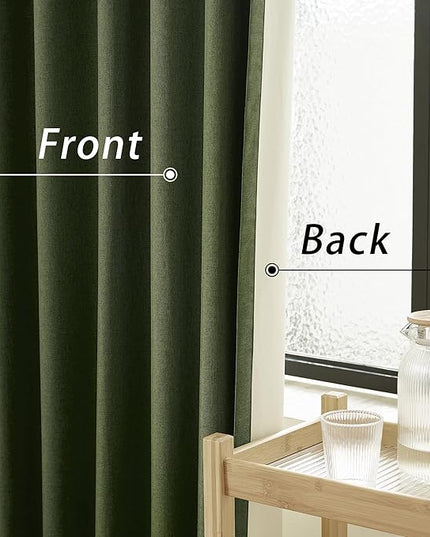 DUALIFE 90 Inch Blackout Olive Green Curtains Boho, Thermal Insulated Curtains for Summer Heat for Bedroom Living Room Linen Pleated Drapes 90 Inches Long Rod Pocket(50W x 90L x 2 Panels)