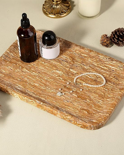 Natural Marble Vanity Tray, 11.8" Travertine/Stone Bathroom Tray Countertop, Golden Stone for Perfume Jewelry Holder, Decorative Dresser Organizer, Storage for Kitchen Sink(Walnut Traver)