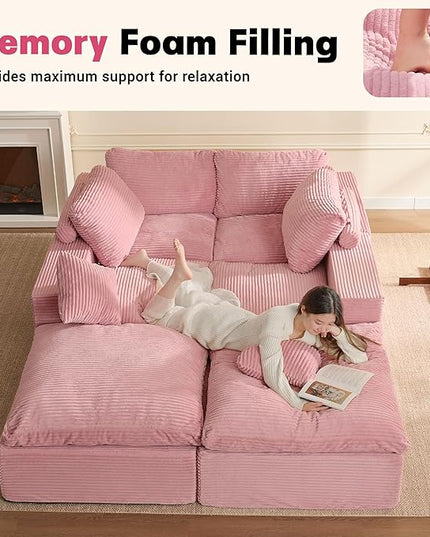 137.8” Sectional Couches for Living Room, Cloud Couch, Modular Sectional Sofa, Convertible Sofas Bed, Deep Seat Sofa, U Shaped Cozy Sofa Furniture Set, Corduroy, Pink