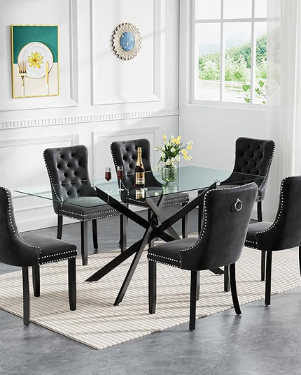 Modern 7-Piece Glass Dining Table Set for 6, Modern 60" Rectangle Black Glass Dining Room Table Set with Black Velvet Tufted Chairs Wood Legs for Kitchen Dining Room