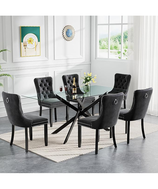 Modern 7-Piece Glass Dining Table Set for 6, Modern 60" Rectangle Black Glass Dining Room Table Set with Black Velvet Tufted Chairs Wood Legs for Kitchen Dining Room