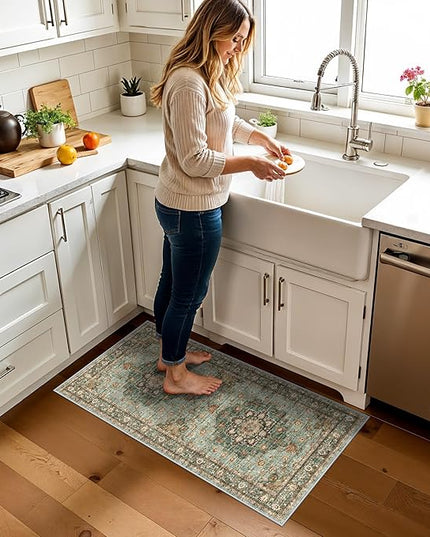 Green Oriental Entry Rug - 2x4 Washable Area Rugs for Kitchen Bathroom Non-Slip Ultra-Thin Indoor Door Mat Indoor Entrance - Stain Resistant Small Throw Carpet (Green, 2X4)