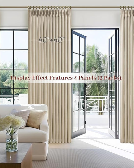 Pleated Cream Beige 90 Inch Blackout Curtains for Dining Room 2 Panels Set, Rustic Farmhouse Pinch Pleat Natural Linen Curtain Thermal Room Darkening 2 Layer Thick Drapes 40"W x 90"L(Hooks & Back Tab)