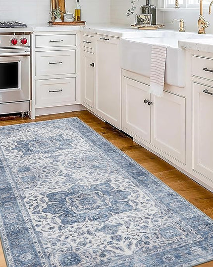 ReaLife Rugs Machine Washable Area Rug Runner - Living Room Bedroom Bathroom Kitchen Entryway Office - Padded Low Pile Stain Resistant Premium - Boho Farmhouse Vintage - Joy - Blue Ivory 2'6" x 6'