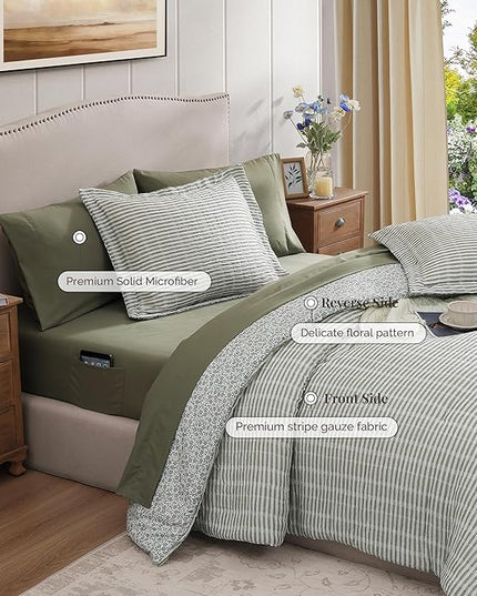 Queen Comforter Set - 7 Pieces Green Gauze Muslin Bedding Sets for All Seasons, Lightweight Breathable Bed in a Bag Queen with Revesible Farmhouse Comforter, Sheets, Pillowcases & Shams