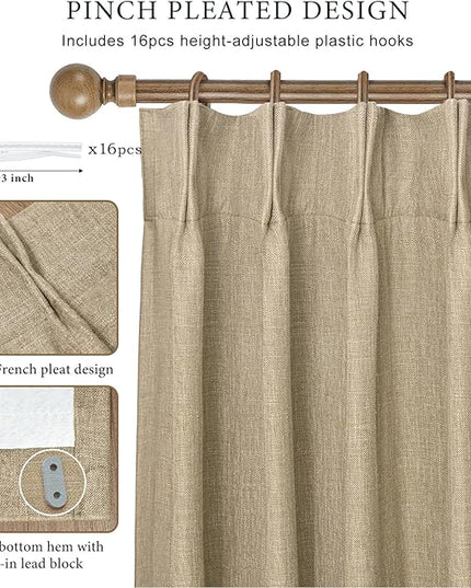 IVAPUPU Sand Pinch Pleated Full Blackout Linen Curtains for Bedroom, Black Out Curtains 95 Inches Long for Living Room Darkening Thermal Insulated Neutral Pleat Drapes with 16 Hooks, 2 Panels