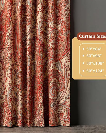 Maison d' Hermine Curtains for Living Room 100% Cotton 124 inch Length One Panel Light Filtering Curtains for Bedroom Windows with Rod and Loop Pockets Drapes (Kashmir Paisley Tomato, 50" W x 124" L)