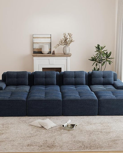 Hommoo Oversized Modular Sectional Sofa, 8 Seat Sleeper Sofa Bed, Comfy Corduroy Couch with Deep Seat, 153”Convertible Boneless Couch with Ottoman for Living Room No Assembly Required Blue
