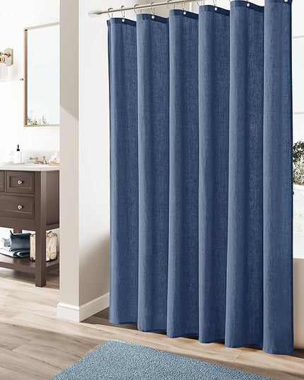 Naturoom Vintage Blue Linen Shower Curtain, Country Boho Farmhouse Bath Decor Shower Curtains Neutral Cloth Weighted Textured Fabric Bath Curtain Liner with Hooks, 72x78