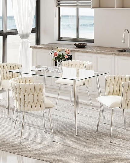 Silver Glass Dining Room Table Set for 4, 51'' Modern Luxury Rectangular Dinner Table Set, 5 PCS Clear Glass Top Minimalist Kitchen Table Set, Ivory Woven Dining Chair for Small Apartment