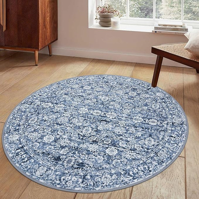 5' Round Rug Washable Rug for Entryway, Blue Soft Non-Slip Area Rugs Distressed Floral Low-Pile Carpet, Neutral Vintage Circle Rugs for Living Room Dining Bedroom Foyer