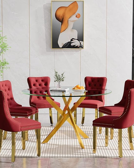 Round Glass Dining Table Set for 6, 47'' Clear Circular Kitchen Table and Chairs Set, 7PCS Modern Circle Dining Room Table Set with 6 Velvet Dining Chair for Home