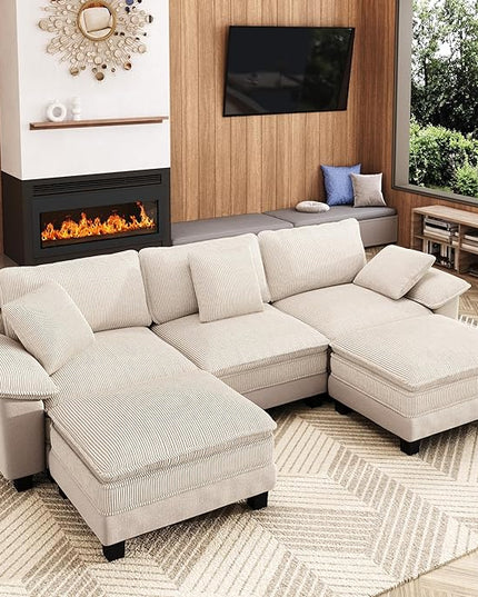 123-Inch U Shaped Sectional Sofa with Cloud Cushions, Deep Seat Modular Couch Set w/ 5 Seats & 2 Ottomans, Plush Chenille & Corduroy Upholstery for Living Room, Apartment - Beige