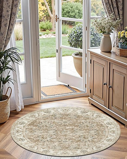 jinchan Fiora Round Rug 5ft Area Rug - Indoor Vintage Hallway Circle 5' Washable - Ultra-Thin Low Pile Soft Small Non Slip Distressed Floral Print for Living Room Dining Room Bedroom Entryway Taupe