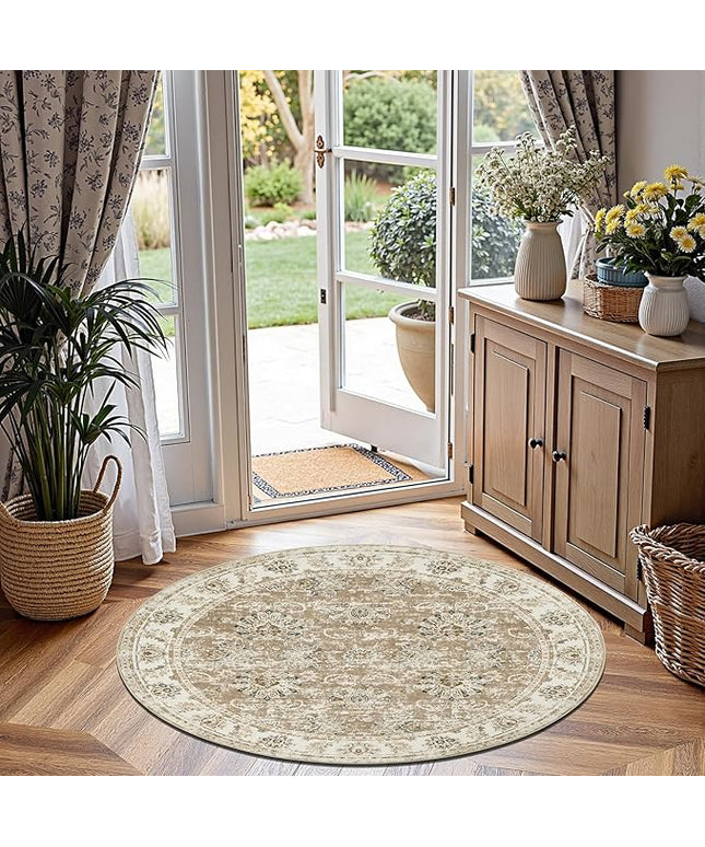 jinchan Fiora Round Rug 5ft Area Rug - Indoor Vintage Hallway Circle 5' Washable - Ultra-Thin Low Pile Soft Small Non Slip Distressed Floral Print for Living Room Dining Room Bedroom Entryway Taupe