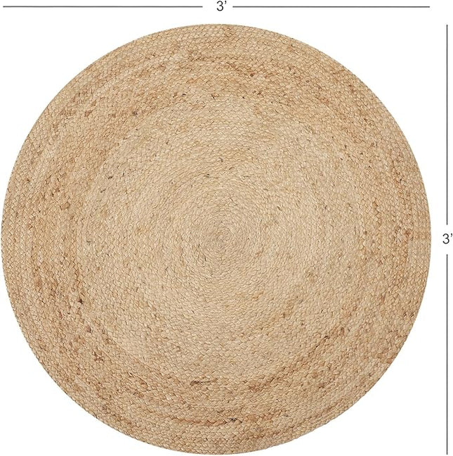 REDEARTH · Round Area Rug - 3 Feet Braided Natural Jute with Non-Skid Backing - Handwoven Boho Rug for Bedroom, Kitchen, Living Room - Farmhouse Aesthetic Home Decor - Durable Handmade Rug