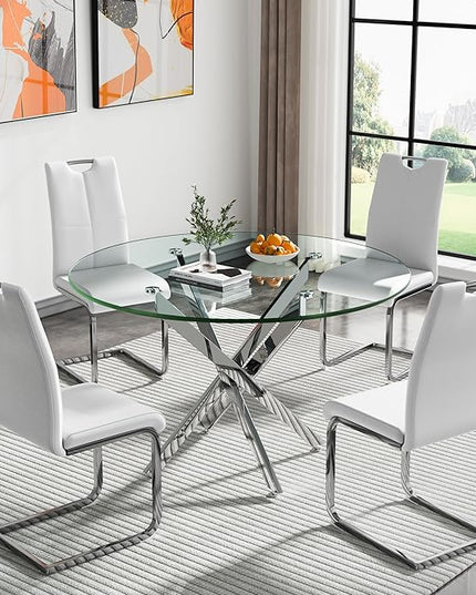 5 Piece Round Dining Table Set for 4, Modern Glass Kitchen Dining Room Table Set for 4, 47" Circle Silver Glass Metal Dining Table with 4 White PU Leather Dining Chairs for Kitchen Dining Room