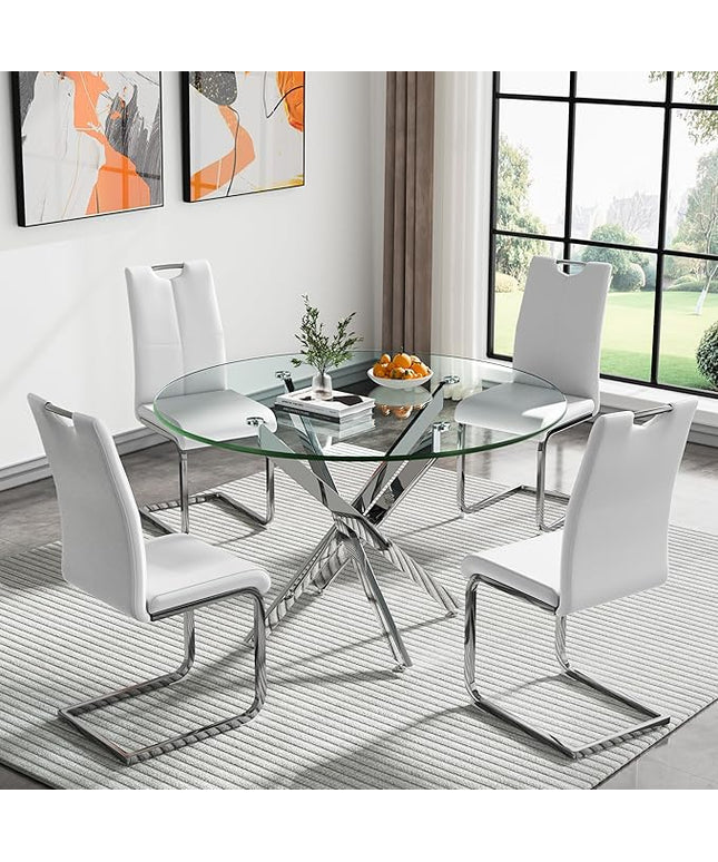HomVent Round Glass Dining Table Set for 4, 5-Piece Modern Kitchen Table Set with 4 PU Upholstered Chair for Kitchen Dining Room, Glass Dining Room Table Set