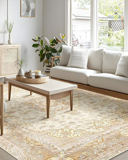 8'x10' Area Rugs Washable,Boho Rug for Living Room Bedroom Dining Room,Large Vintage Bohemian Distressed Oriental Carpet Non Slip,Beige Gold Floral
