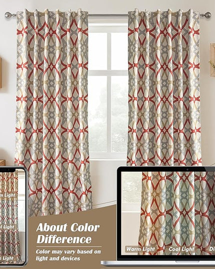 DriftAway Alexander 100% Blackout Curtains for Living Room Linen Blend Pattern Match Thermal Insulated Room Darkening Geo Moroccan Mid Century Back Tab Bedroom Drapes 2 Panels 52 x 96 Inch Linen Red