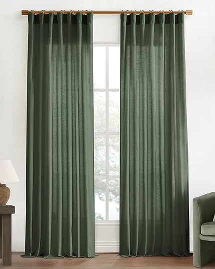 XTMYI Olive Green Linen Curtains 90 Inches Long for Living Room 2 Panels Set,Back Tab Hooks Long Cotton Blend Semi Sheer Window Curtain Drapes for Bedroom,Boho Neutral Aesthetic Decor,50x90 in Length