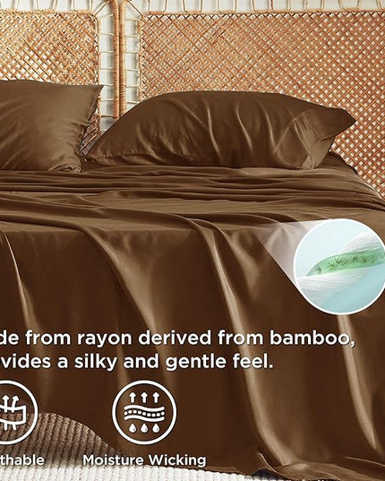 Bedsure California King Sheet Sets, Cooling Sheets for Hot Sleepers, Rayon Derived from Bamboo, Breathable & Soft, Deep Pocket Up to 16 Inches, Hotel Luxury Silky Bedding, Brown