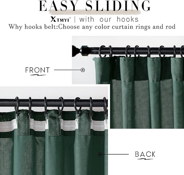 XTMYI Dark Green Curtains for Bathroom Set Decor,Linen Sheer Leaf Green Boho Curtains for Kitchen 63 Inch Length 2 Panels,Deep Pine
