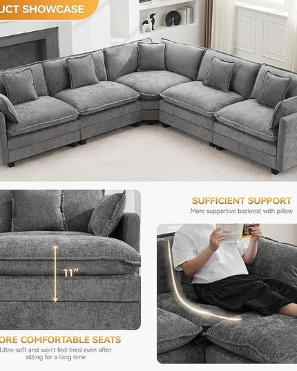 137'' V Shaped Cloud Sectional Sofa, Oversized Deep Seat Couches for Living Room, Chenille Comfy Upholstered Modular Sectional Sofa Couch, Grey
