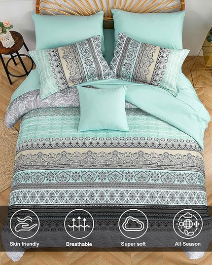Cottolester Boho Comforter Set King Size,8 Piece Bed in a Bag Sage Green Paisley Comforter and Sheet Set,Striped Bedding Set Soft Microfiber Complete Bedding Set