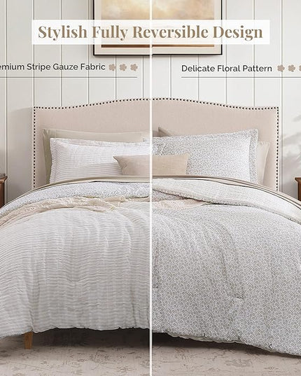 King Comforter Set - 7 Pieces Beige Gauze Muslin Bedding Sets for All Seasons, Lightweight Breathable Bed in a Bag King with Revesible Farmhouse Comforter, Sheets, Pillowcases & Shams
