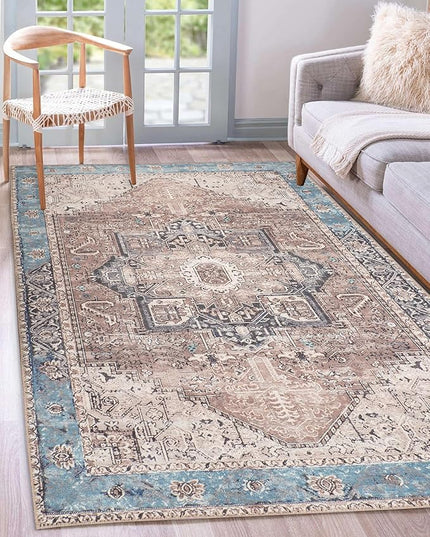 GLN Rugs Traditional Collection - Machine Washable Area Rug, Traditional Washable, Non Slip, Low Pile Chenille Rug, Living Room, Bedroom, Kitchen Rug (7'10"x10' Brown/Blue)