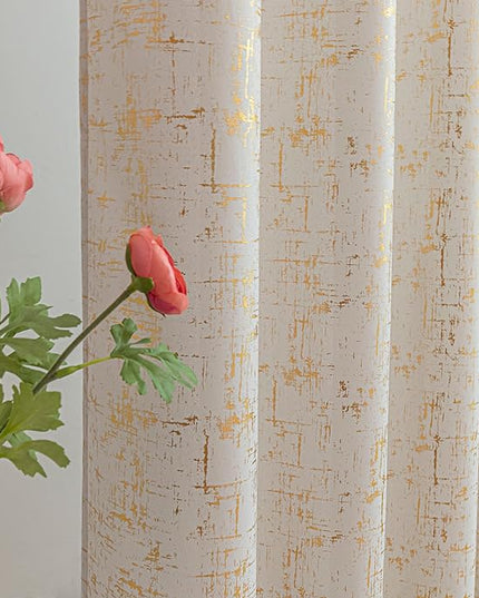 Taisier Home Gold Foil Print Linen Textured Curtains - Geometric Dots Pattern Design for Bedroom & Living Room - Thermal Insulated Window Treatment, 2 Panels, 108" L, Beige & Gold