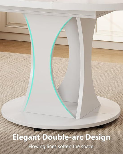Round Dining Table for 4-6, Kitchen Table with Sturdy Double Arc & Rounded Base & Backboard Clasp Desktop, Mid-Century Modern Circle Dinner Table for Dining Living Room, Space Saving, White