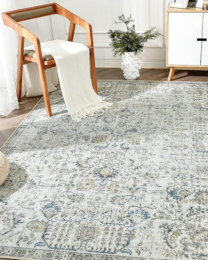 jinchan Kalen Area Rug 4x6 Washable Bedroom Rug Vintage Indoor Thin Floor Cover Retro Accent Mat Distressed Floral Country Boho Non Slip Carpet for Living Room Kitchen Dining Room Office Blue Multi
