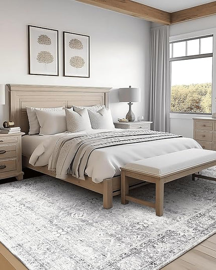 ReaLife Rugs Machine Washable Area Rug - Living Room Bedroom Bathroom Kitchen Entryway Office - Padded Low Pile Stain Resistant Premium - Boho Farmhouse Vintage - Noor - Silver Ivory 5' x 7'