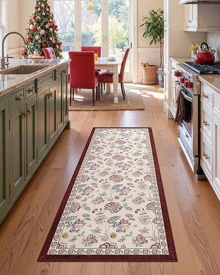 jinchan Elora 3x8 Floral Runner Rug for Hallway Washable Runner Vintage Romance Christmas Design Non Slip Thin Indoor Floor Cover Low-Profile Throw Carpet for Entryway Bathroom Bedroom, Red/Beige