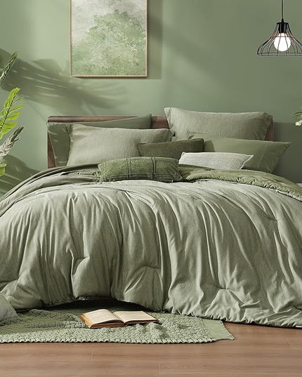 Monbix Oversized Queen Comforter Set - 7 Pieces Cationic Dyeing Sage Green Bed in a Bag Bedding Sets with Comforter, Sheets, Pillowcases & Shams, Reversible Bedding Comforters Sets