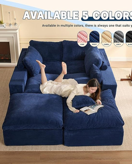 137.8” Sectional Couches for Living Room, Cloud Couch, Modular Sectional Sofa, Convertible Sofas Bed, Deep Seat Sofa, U Shaped Cozy Sofa Furniture Set, Corduroy,Blue