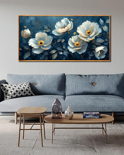Ouzzlie White Floral Canvas Wall Art for Bedroom Large Blue Wall Decor Plant Picture Artwork 24" x 48"