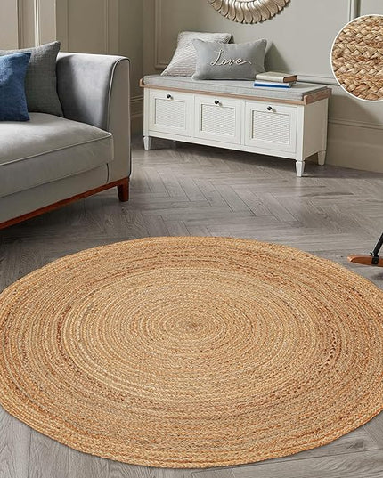 Hand Woven Jute Area Rug - 8' Round - Rustic Beige Reversible Farmhouse Rugs for Living Room, Bedroom, Kitchen - Vintage Natural Braided Entry Floor Décor Circle Boho Round Rugs 8ft