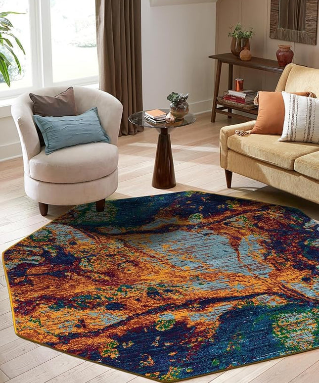 Rugs.com Calypso Collection Rug – 8 Ft Octagon Multi Medium-Pile Rug Perfect for Living Rooms, Kitchens, Entryways