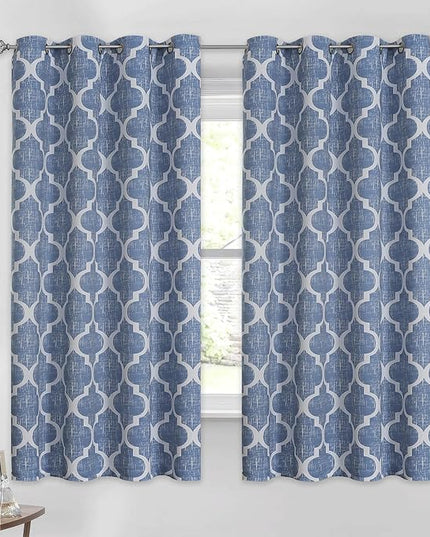 Beauoop 100% Blackout Curtains 54 Inches Long 2 Panels for Bedroom Living Room Blue Moroccan Geo Room Darkening Thermal Insulated Soundproof Grommet Top Window Treatments Drapes, 50x54 Set of 2