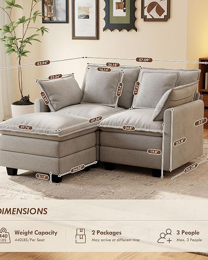 Ihanherry 57" L Shaped Modular Sectional Cloud Sofa, Modern 3 Seat Chenille Couch with Ottoman for Living Room, Bedroom and Apartment, Grey