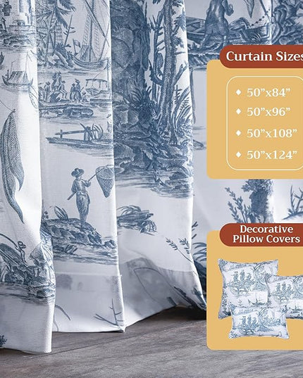 Maison d' Hermine Curtains for Living Room 100% Cotton 124 inch Length One Panel Light Filtering Toile Curtains for Bedroom with Rod and Loop Pockets (Calais Blue (White Background), 50" W x 124" L)