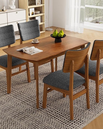 5-Piece Wooden Dining Set Mid-Century Modern Dinner Table and 4 Upholstered Chairs Rectangular Table with Chairs Set Rubberwood Legs Linen Padded Seat & Backrest for Dining Room Kitchen Apartment